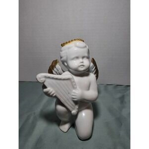 White And Gold Cherub Angel Figurine‎ Playing Harp
